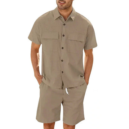 Men's summer suit set with short sleeve lapel shirt and drawstring shorts in various colors