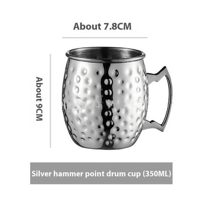 Stainless steel Moscow Mule cup with copper interior in gold, rose gold, silver, or black finish.
