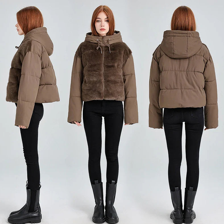High-waisted feather down plush short jacket with 3D pattern in loose fit