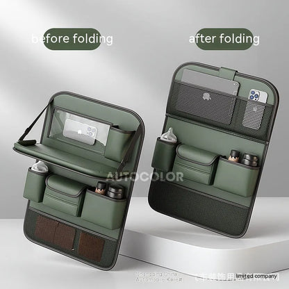 Leather car seat lazyback storage bag with foldable dining table, waterproof, 1.2kg, 48 x 25 x 6cm, in four colours.