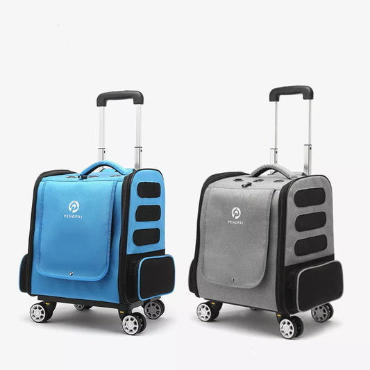 Outdoor Portable Breathable Pet Trolley Bag in grey and blue for comfortable pet transport