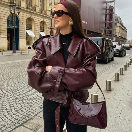 Stylish loose lapel PU leather jacket in multiple colors for women's fashion and streetwear