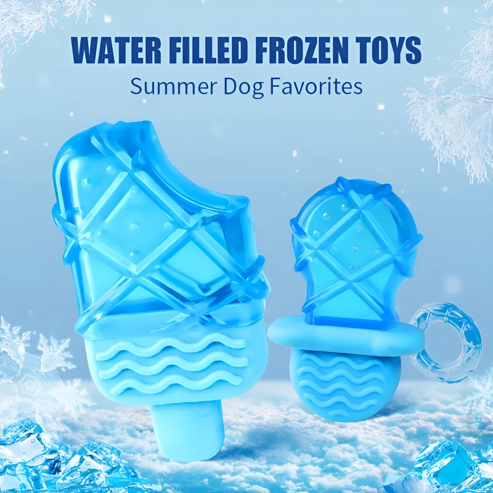 Three plastic dog toys: a blue pacifier, a red popsicle and an orange ring, designed to be filled with water and frozen.