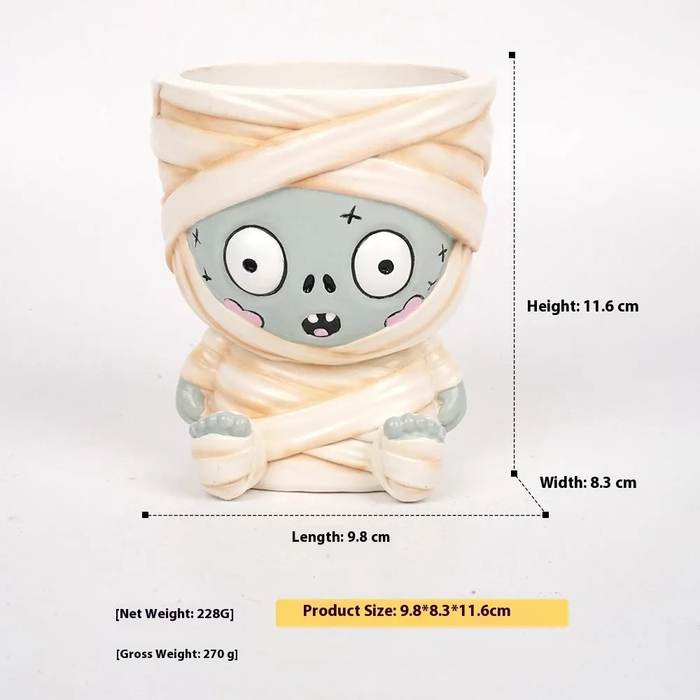 Hand-painted Halloween resin flower pot decorations in bandage zombie, white ghost, Frankenstein, and death designs