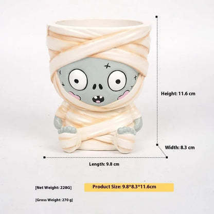 Hand-painted Halloween resin flower pot decorations in bandage zombie, white ghost, Frankenstein, and death designs