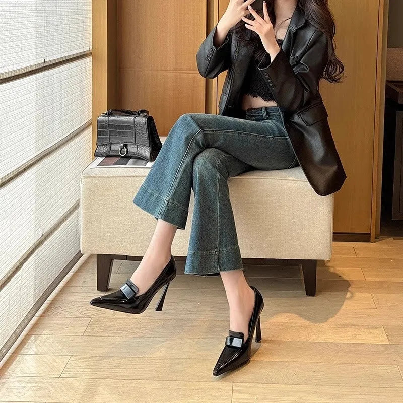 Women's pointed-toe stiletto court heels with 6-8cm tapered heel, PU upper, black or brown, sizes 34-42