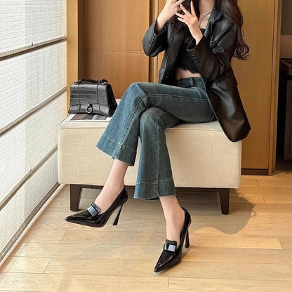 Women's pointed-toe stiletto court heels with 6-8cm tapered heel, PU upper, black or brown, sizes 34-42