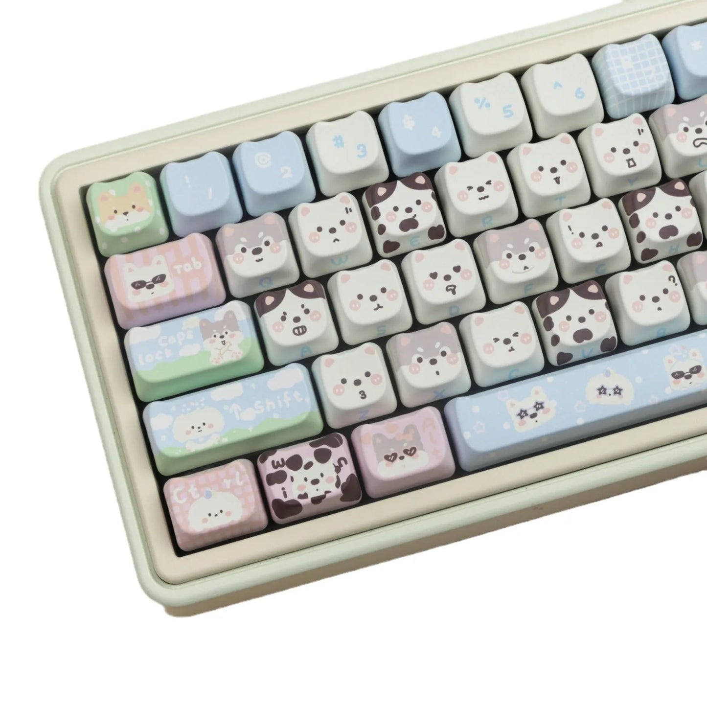 Full set of PBT key caps with sublimated cat and puppy design for mechanical keyboards.