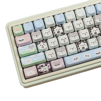 Full set of PBT key caps with sublimated cat and puppy design for mechanical keyboards.