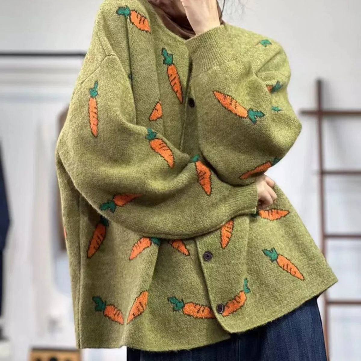 Round neck Mori artistic printing cardigan with colour contrast patterns, loose casual fit in free size