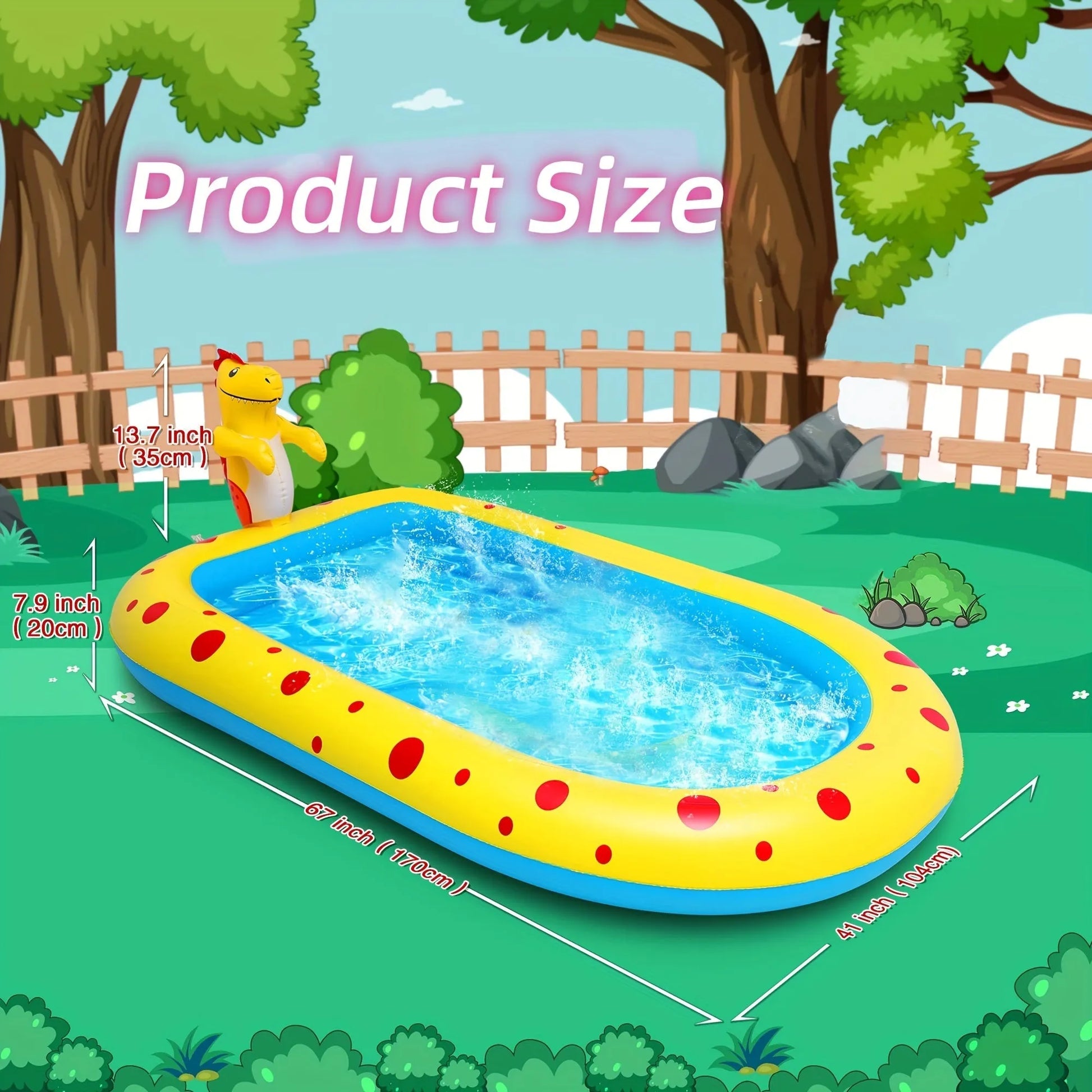 Blue dinosaur inflatable water spray pool measuring 170cm long for children's outdoor play