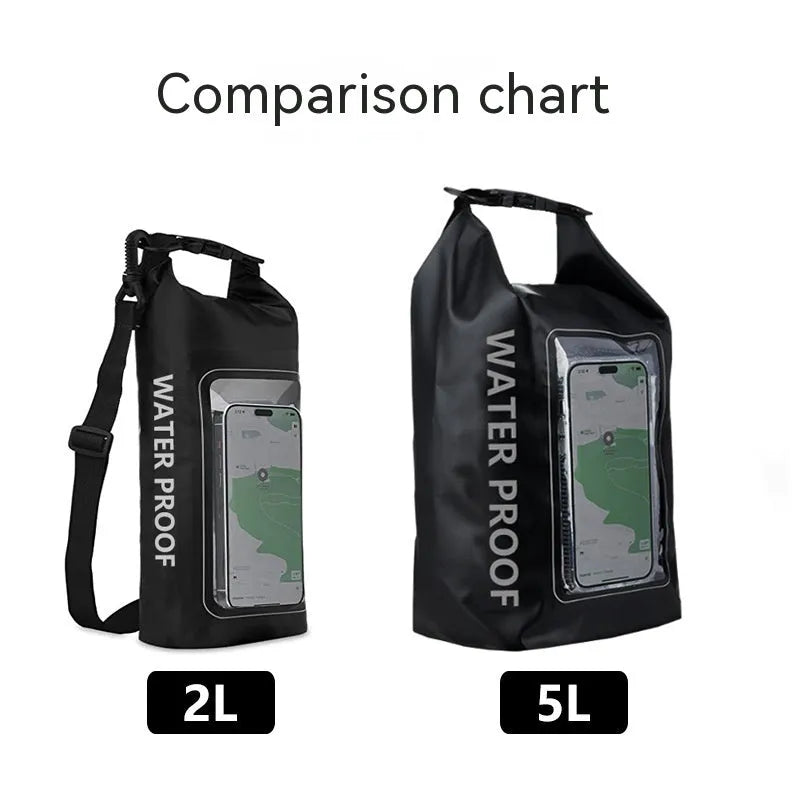 Army green PVC waterproof crossbody bag for mobile phones on a beach.