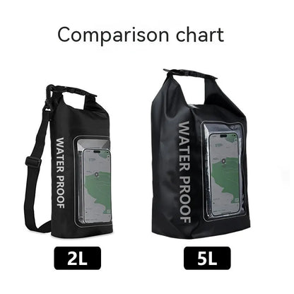 Army green PVC waterproof crossbody bag for mobile phones on a beach.