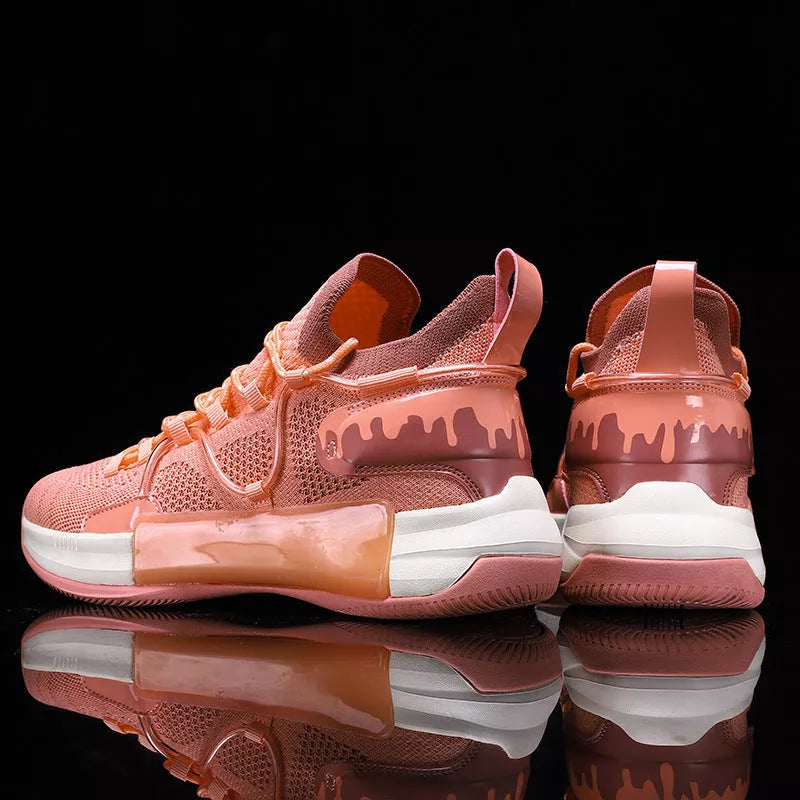 Breathable sports shoes with rubber sole and synthetic leather upper in light green, ice blue, white purple, and champagne powder