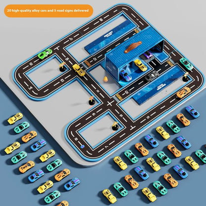 Alloy car toy set with 20 die-cast vehicles, 5 barricades and 18 puzzle pieces in container gift box