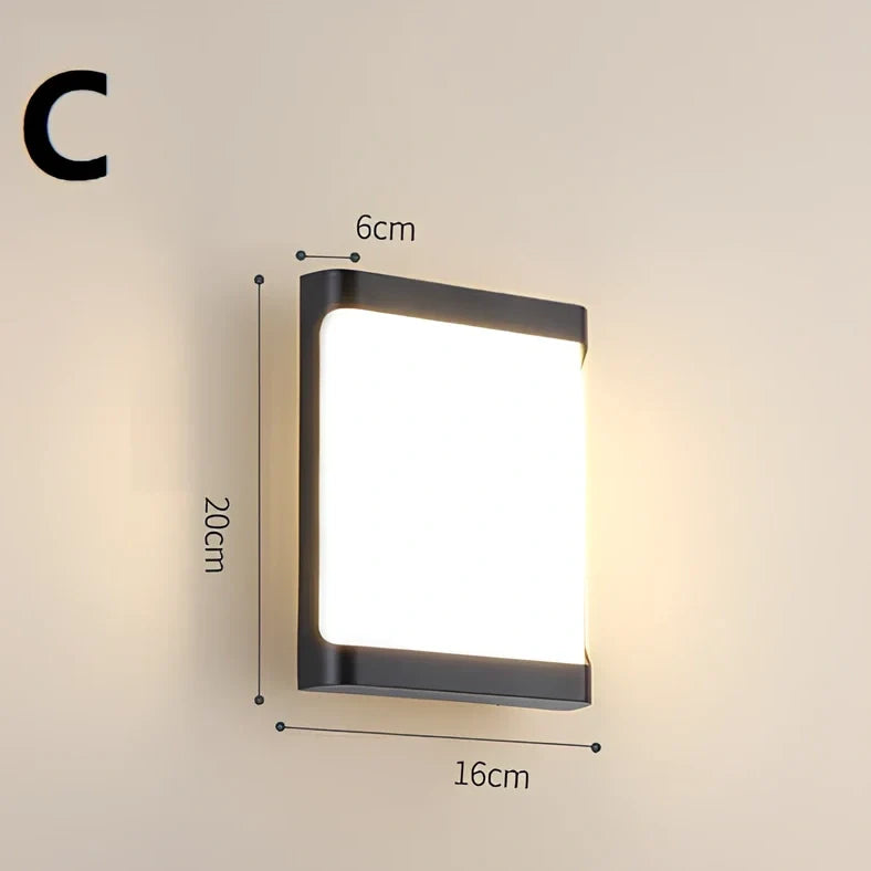 Waterproof outdoor wall light with PC lampshade measuring 200x160mm and LED illumination