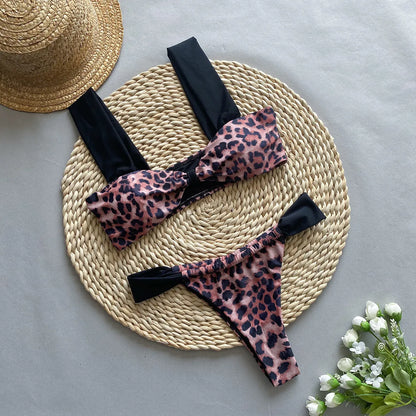 Women's leopard print bikini set with tube top design and matching T-pants