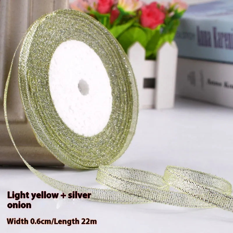 Polyester gift packaging bow ribbon showing 0.6cm width and colour options including gold leaf and metallic variations
