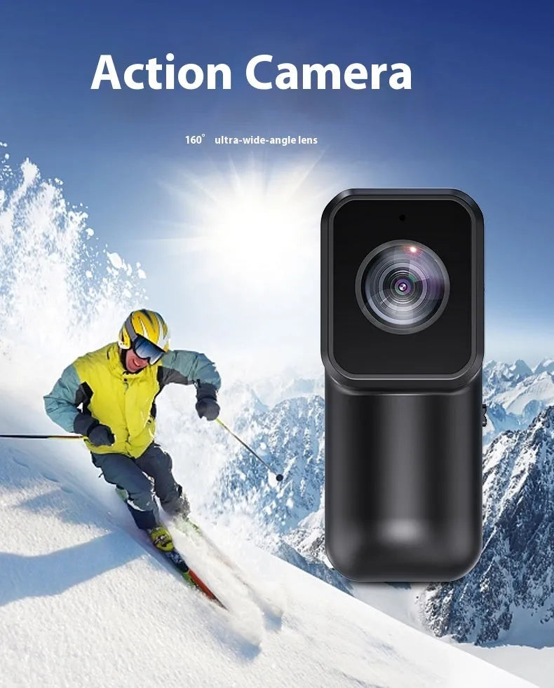 Black mini WiFi sports camera recorder 61.5x27x27mm with wristband riding bracket, cycling bracket, back clip, and pet strap.