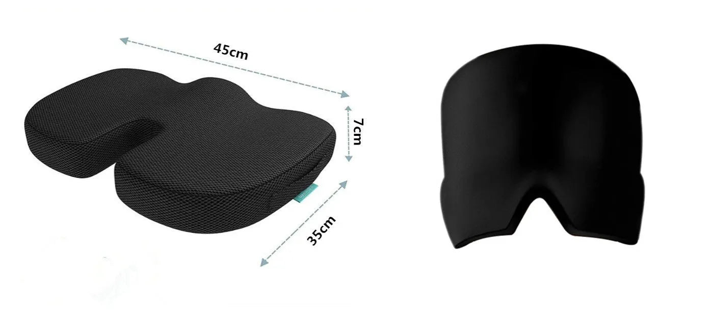 Black elastic gel headache relief mask laid flat showing eye contours and adjustable headband.