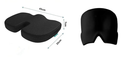 Black elastic cooling gel eye mask for headache relief placed on a forehead.