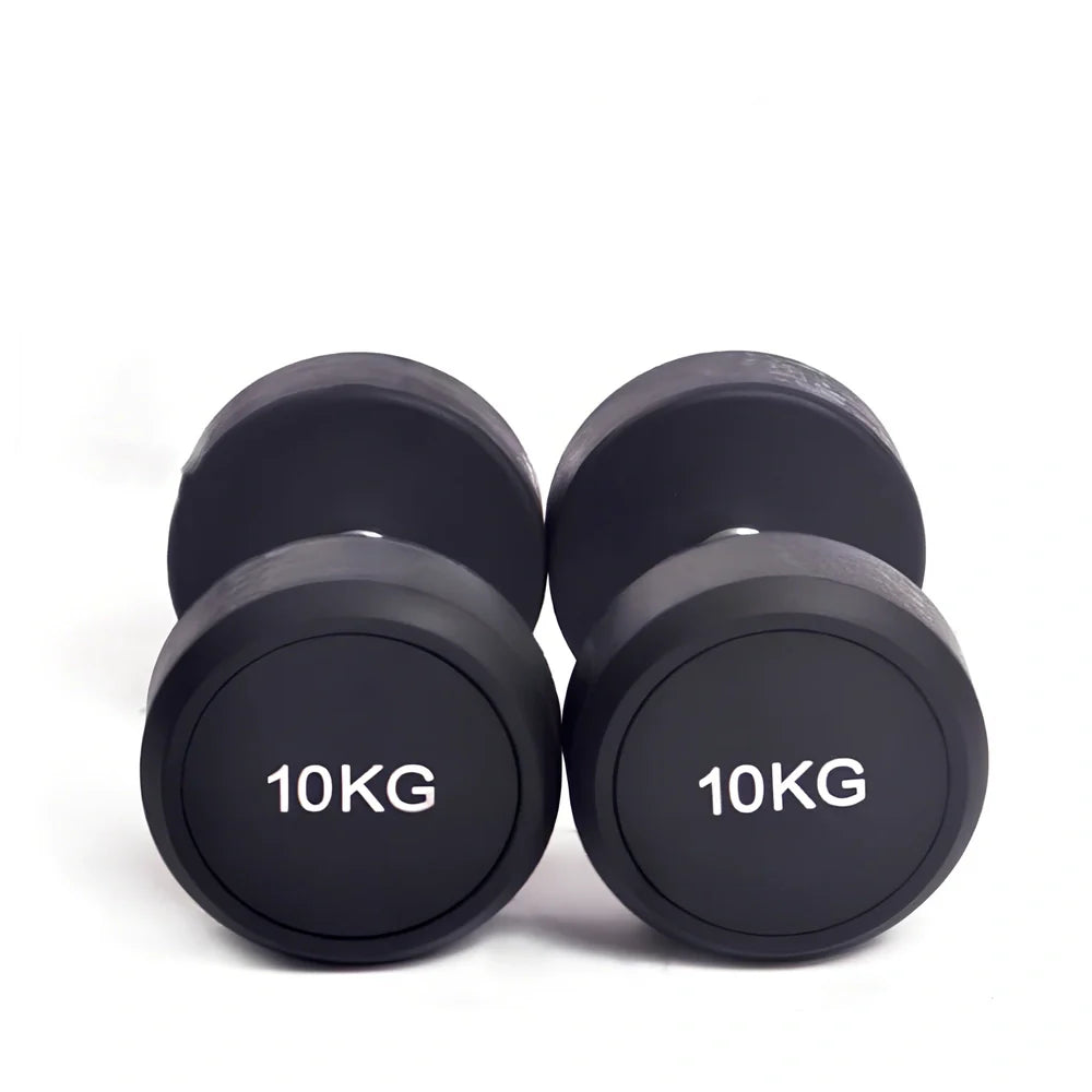 Black cast iron rubberized round head fitness dumbbell with textured grip, showing 10cm diameter measurement