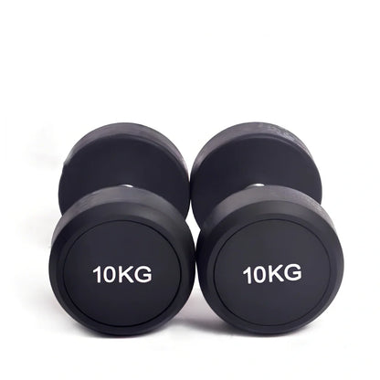 Black cast iron rubberized round head fitness dumbbell with textured grip, showing 10cm diameter measurement
