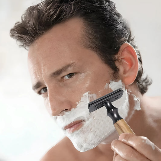 Men's manual shaving razor with olive wood handle and metal razor holder