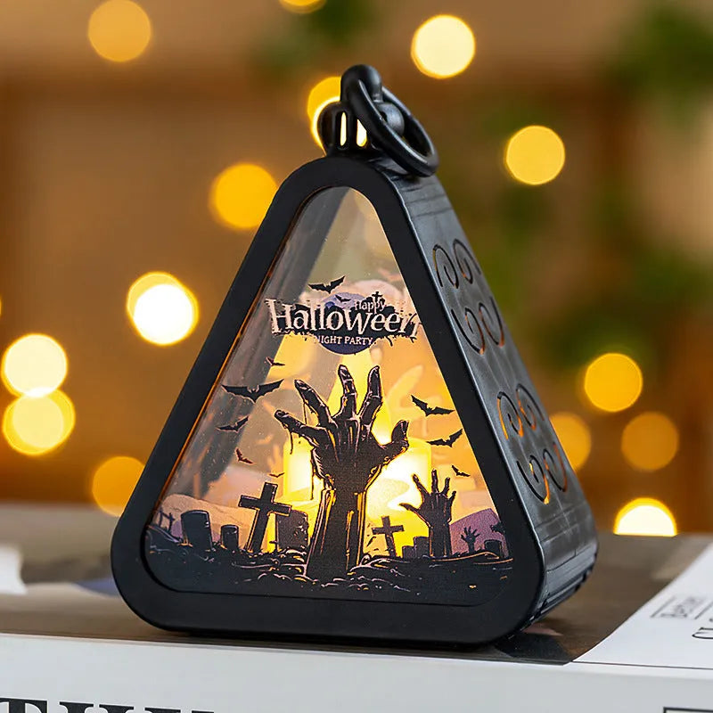 Halloween decoration prop measuring 8.9x5.2x11.5cm with plastic and glass construction in pumpkin, witch, castle, or ghost hand theme