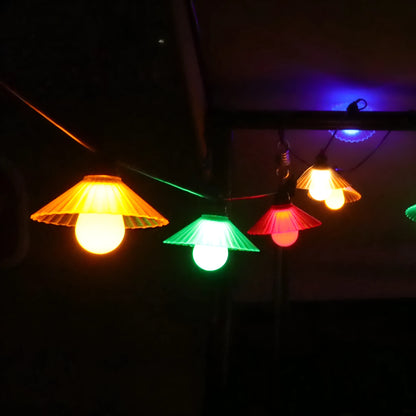 Outdoor LED string lights with flower-shaped bulbs in warm white or multicolour options