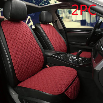 Flax linen car seat cover protector in beige, black, red and brown, with cushion and five-seat style options.
