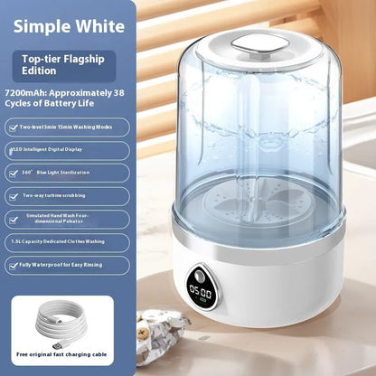 Portable white mini washing machine with USB cable showing 13.5cm width and compact design