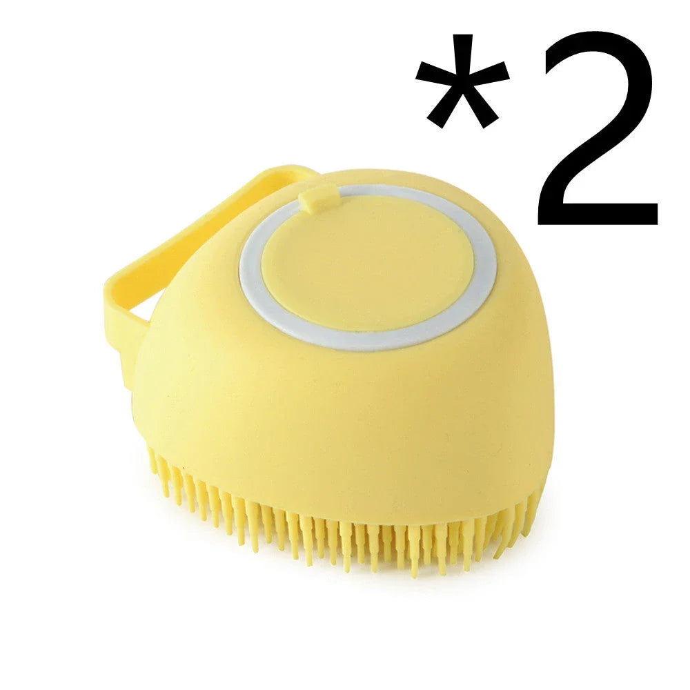 Silicone pet bath brush with shampoo dispenser, designed for gentle grooming and soothing massage