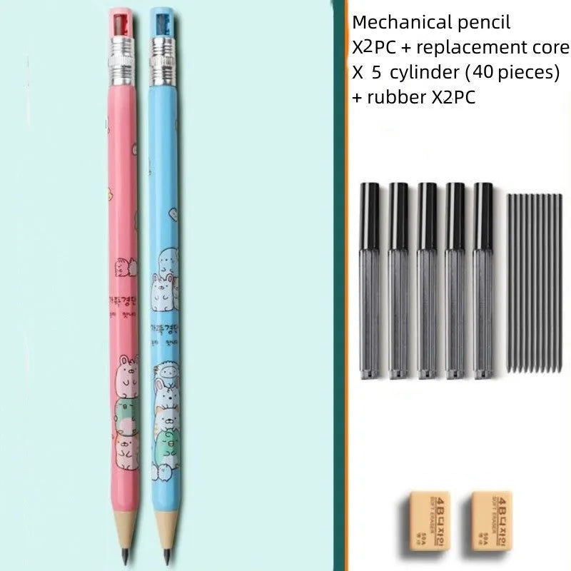 Set of colourful cartoon-designed children's mechanical pencils with 2B lead cylinders and erasers