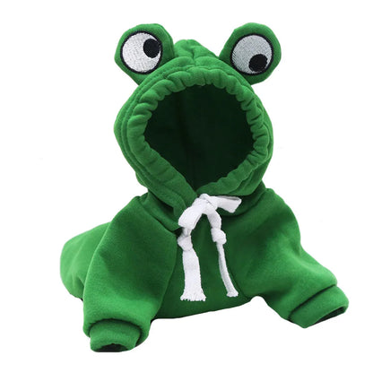 Green frog costume hoodie for a small dog, showing hood with ears and sweatshirt body.