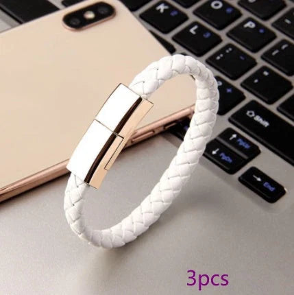 Stylish bracelet charging cable with premium leather and zinc alloy construction, compatible with iPhones, Android, and USB-C devices