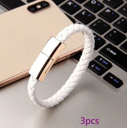 Stylish bracelet charging cable with premium leather and zinc alloy construction, compatible with iPhones, Android, and USB-C devices