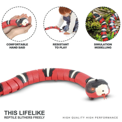 Smart sensing electronic snake cat toy with segmented body for realistic slithering motion on floor.