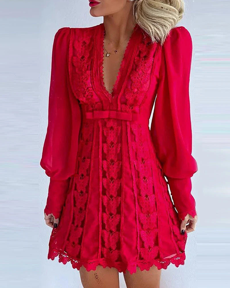 Elegant white dress with sexy V-neck, lace details, and puff sleeves for women