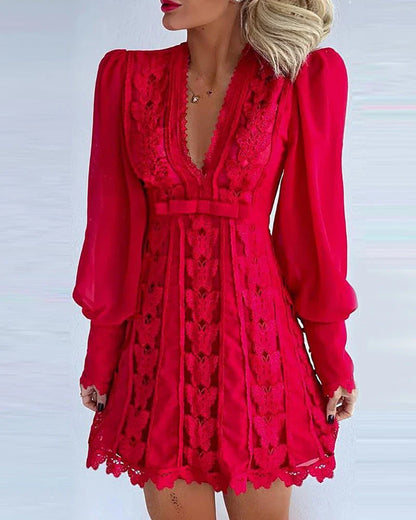 Elegant white dress with sexy V-neck, lace details, and puff sleeves for women