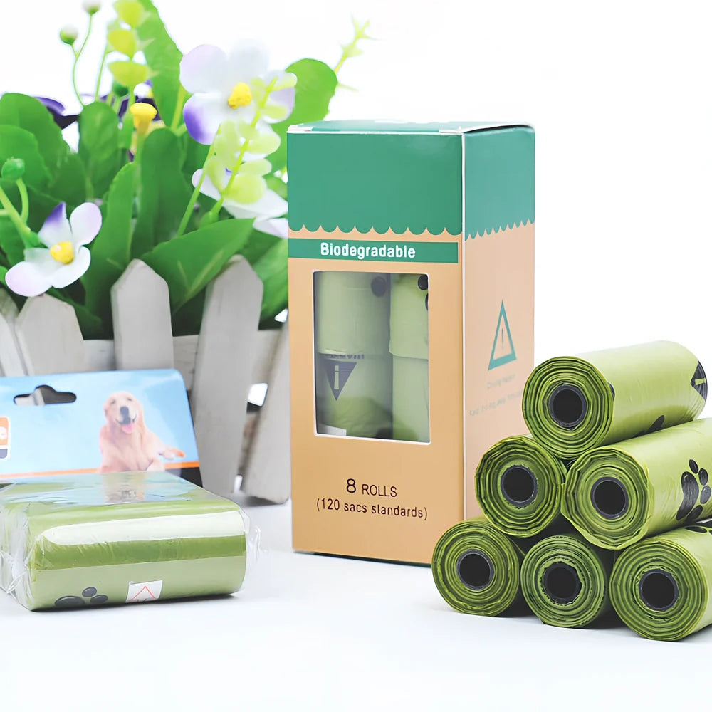 Green HDPE biodegradable dog waste bags on continuous roll with EPI technology
