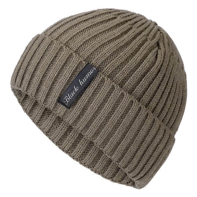 Unisex winter knit letters cap in cotton and coral wool, adult size, shown in black, coffee, dark blue, grey, khaki, and red