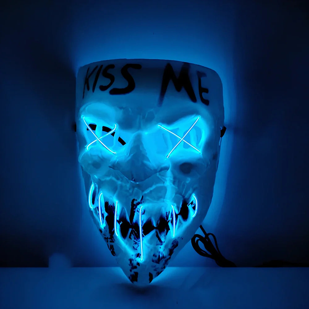 Multicolor luminous Halloween mask with adjustable glow, plastic construction in blue, green, and red options for festivals