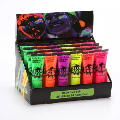 25ml tube of neon face paint in bright colours, showing non-toxic, washable gouache for skin art
