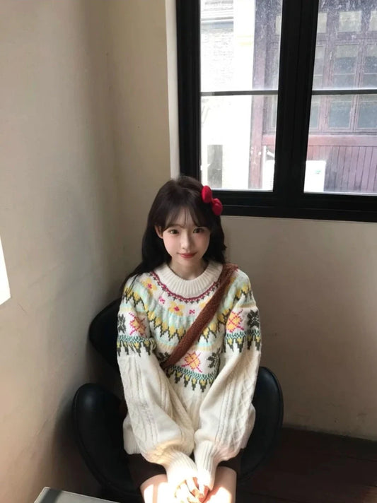 Women's milky white lantern sleeve pullover with 15cm extra sleeve volume and free size design