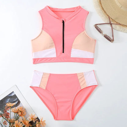 Pink high-waist split bikini swimsuit with briefs style and sleeveless design on mannequin