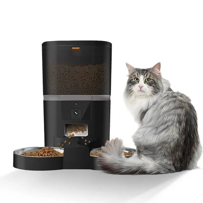Automatic pet feeder for cats and dogs, 4L or 6L double feeding, white or black plastic with feeding dish