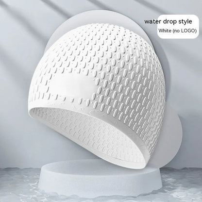 Silicone water drop swimming cap for adults shown in one of nine solid colours.