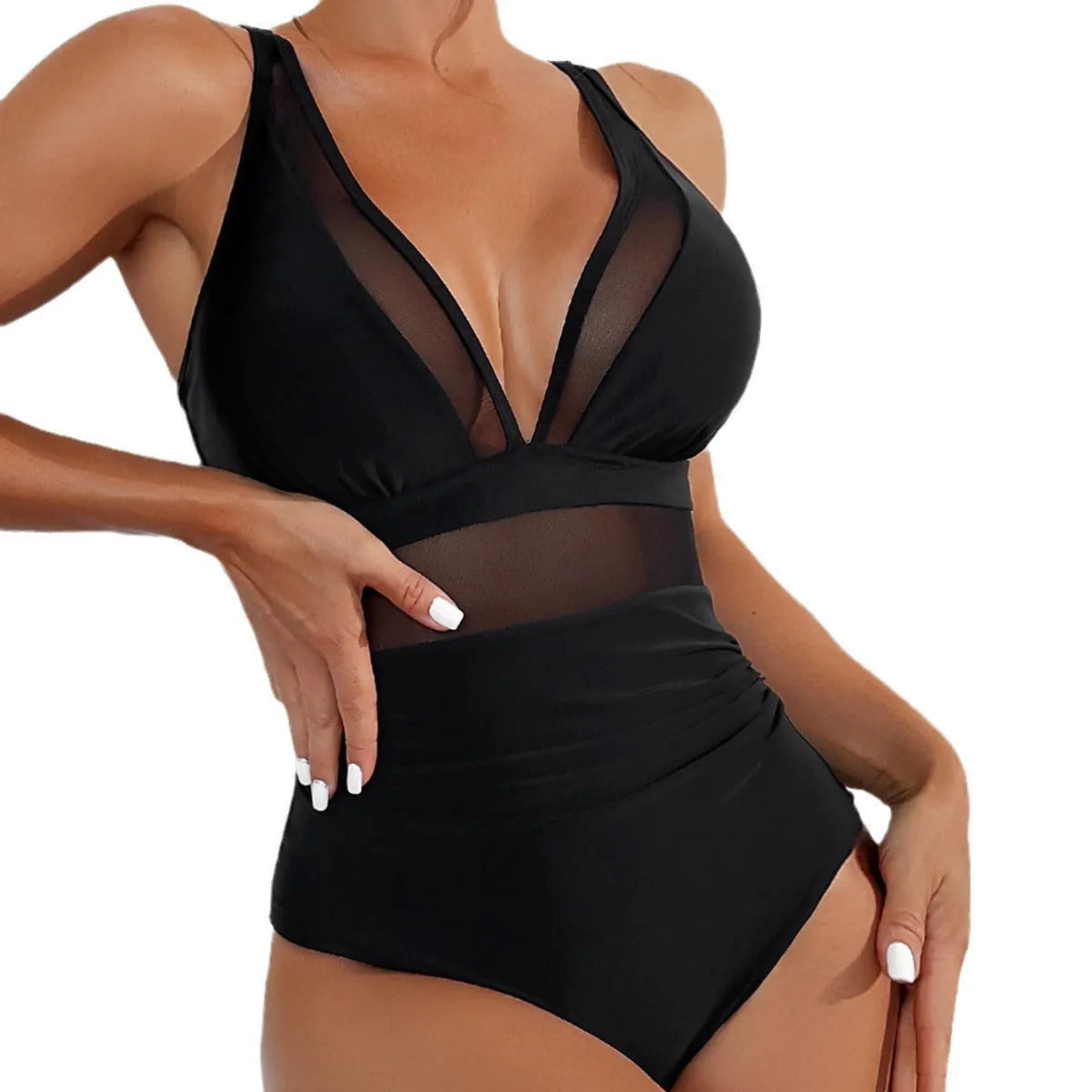 Black halter neck one-piece swimsuit with mesh panels, shown on a model.