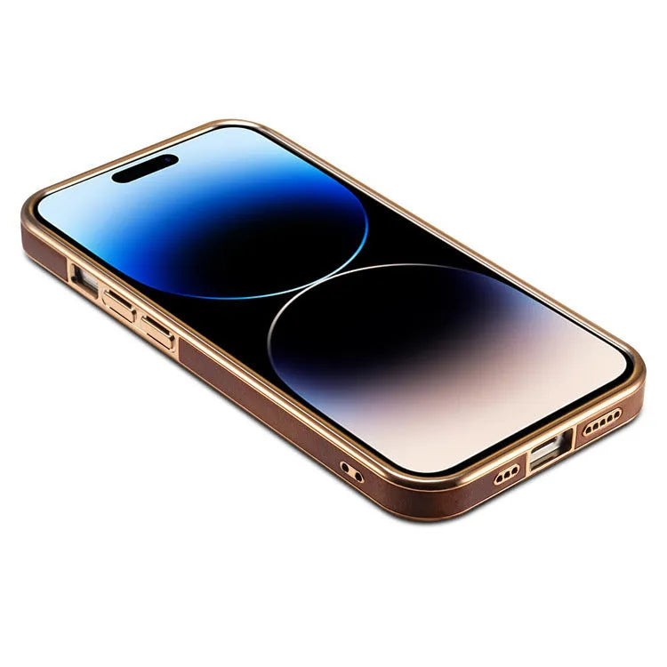Leather phone case in vintage oil wax leather, handmade for iPhone 12 to 15 Ultra models, showing slim design and 360-degree protection.